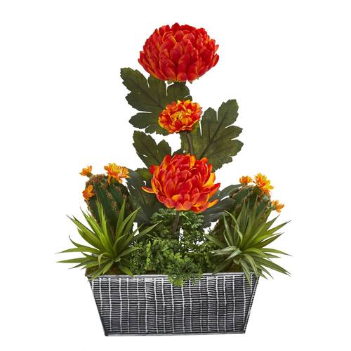 17" Mum and Succulent Artificial Arrangement in Embossed Tin Vase