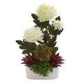17" Mum and Succulent Artificial Arrangement in White Vase