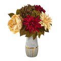 17" Peony, Hydrangea and Dahlia Artificial Arrangement in Stoneware Vase with Gold Trimming