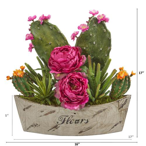 17" Peony, Succulent and Cactus Artificial Arrangement in Decorative Vase