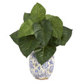 17" Taro Artificial Plant in Blue and White Print Planter