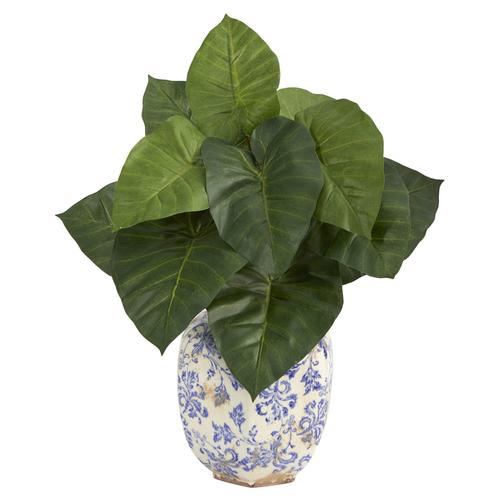 17" Taro Artificial Plant in Blue and White Print Planter
