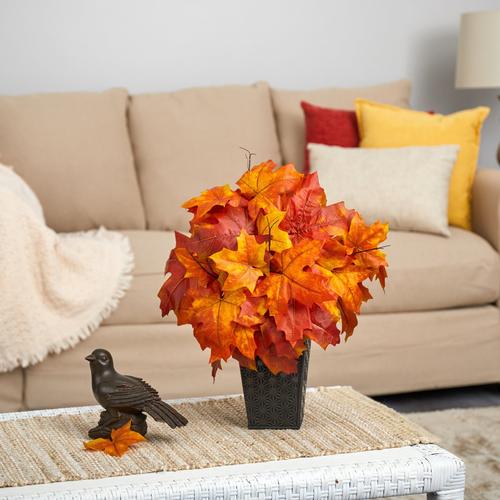 18" Autumn Maple Leaf Artificial Plant in Embossed Black Planter
