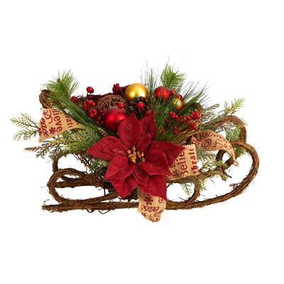 18" Christmas Sleigh with Poinsettia, Berries and Pinecone Artificial Arrangement with Ornaments