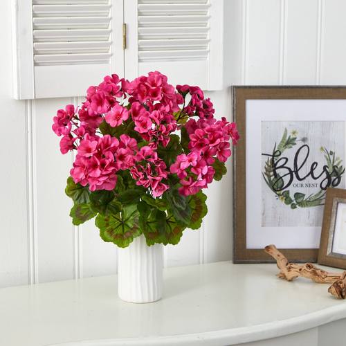 18" Geranium Artificial Plant in White Planter UV Resistant (Indoor/Outdoor)