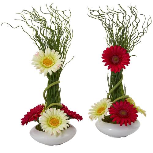 18" Gerber Daisy and Grass Artificial Arrangement in White Vase (Set of 2)