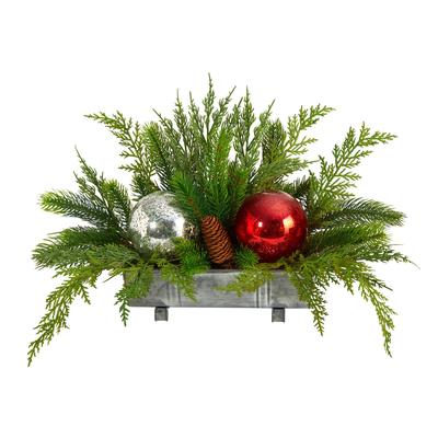 18" Holiday Winter Cedar Pine Artificial Table Christmas Arrangement with Ornaments, Home Décor