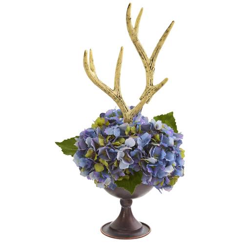 18" Hydrangea and Antlers Artificial Arrangement in Metal Chalice