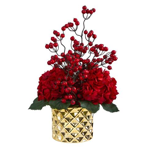 18" Hydrangea and Berries Artificial Arrangement in Gold Vase