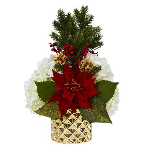 18" Hydrangea, Poinsettia, Berry and Pine Artificial Arrangement in Gold Vase