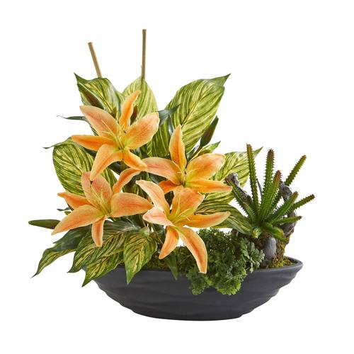 18" Lily, Cactus and Musa Artificial Arrangement in Vase