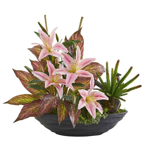 18" Lily, Cactus and Musa Artificial Arrangement in Vase