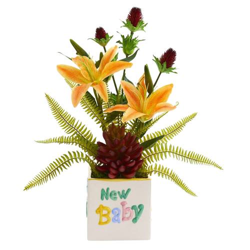 18" Lily, Thistle and Succulent Artificial Arrangement in Vase