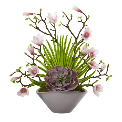 18" Magnolia and Succulent Artificial Arrangement in Vase