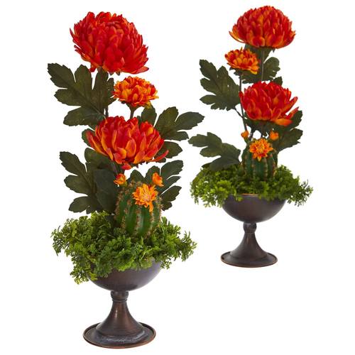 18" Mum and Cactus Artificial Arrangement in Metal Chalice (Set of 2)