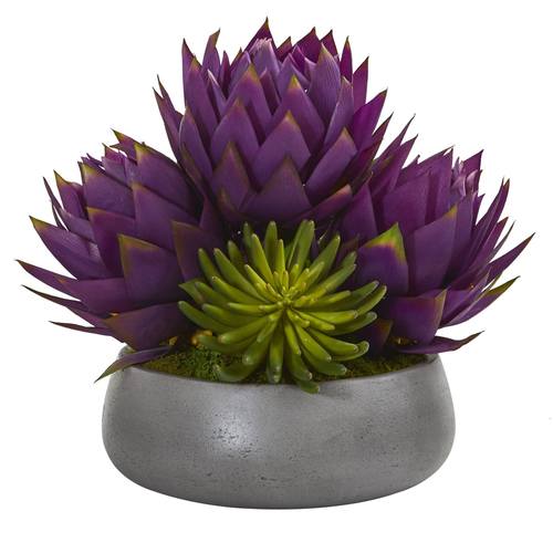 18" Musella and Succulent Artificial Arrangement in Gray Garden Vase