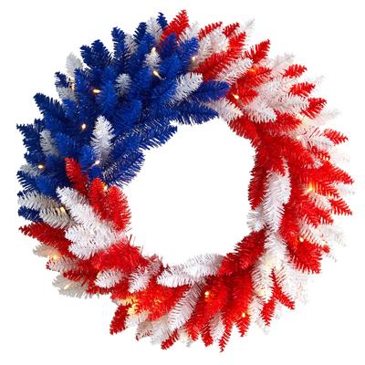 18" Patriotic Red, White and Blue “Americana" Wreath with 20 Warm LED Lights