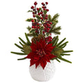 18" Poinsettia, Cactus and Holly Berry Christmas Artificial Arrangement in White Vase