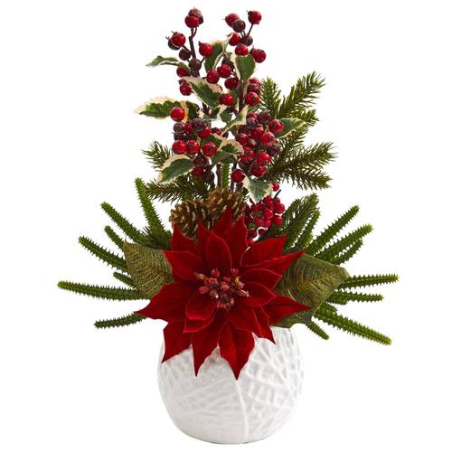 18" Poinsettia, Cactus and Holly Berry Christmas Artificial Arrangement in White Vase