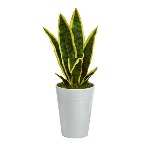 18" Sansevieria Artificial Plant in White Planter