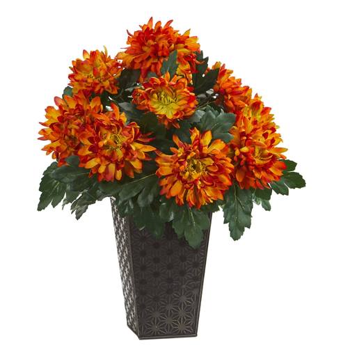 18" Spider Mum Artificial Plant in Black Tin Planter