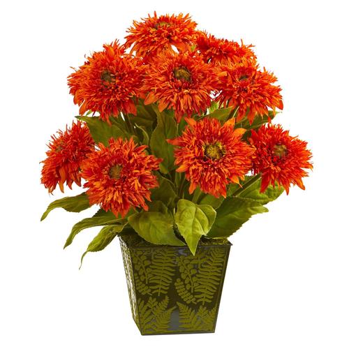 18" Sunflower Artificial Arrangement in Green Tin Planter