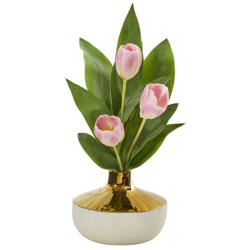 18" Tulip Artificial Arrangement in Gold and Cream Elegant Vase