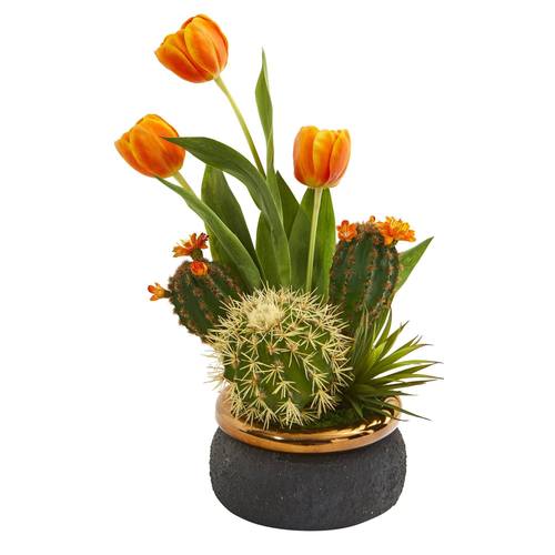 18" Tulips and Succulents Artificial Arrangement in Stoneware Vase