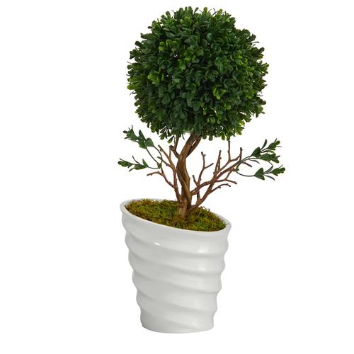 19" Boxwood Topiary Artificial Tree in White Vase UV Resistant (Indoor/Outdoor)
