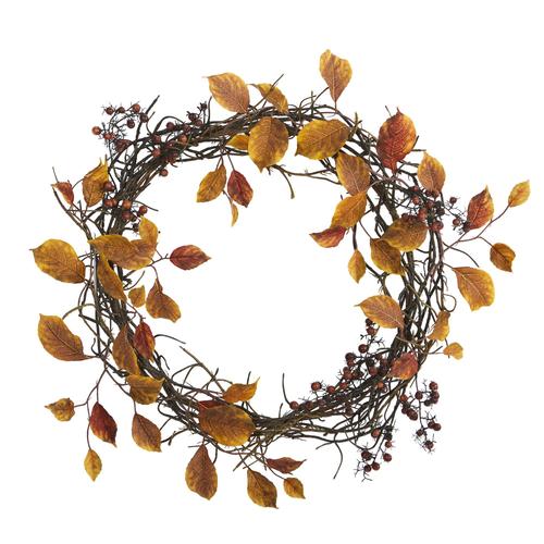 19" Harvest Leaf, Berries  and Twig Artificial Wreath