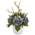 19" Hydrangeas, Succulent and Antlers Artificial Arrangement in Marble Vase