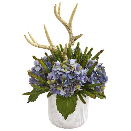 19" Hydrangeas, Succulent and Antlers Artificial Arrangement in Marble Vase