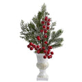 19" Iced Pine and Berries Artificial Arrangement in White Urn