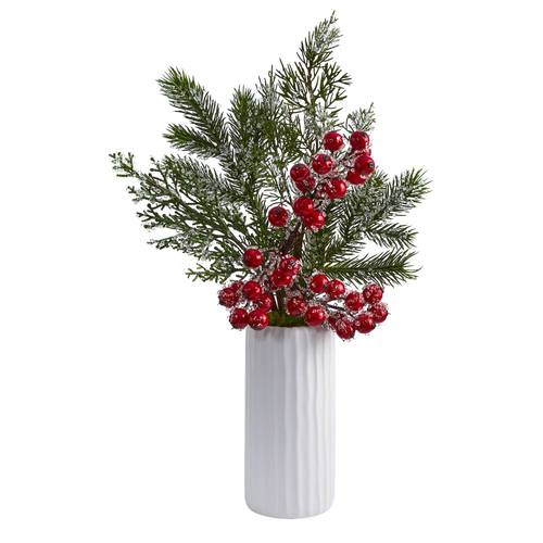 19" Iced Pine and Berries Artificial Arrangement in White Vase