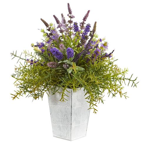 19" Lavender and Rosemary Artificial Arrangement in Embossed White Planter