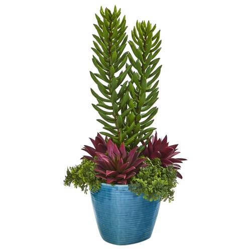 19" Mix Succulent Artificial Plant in Blue Planter