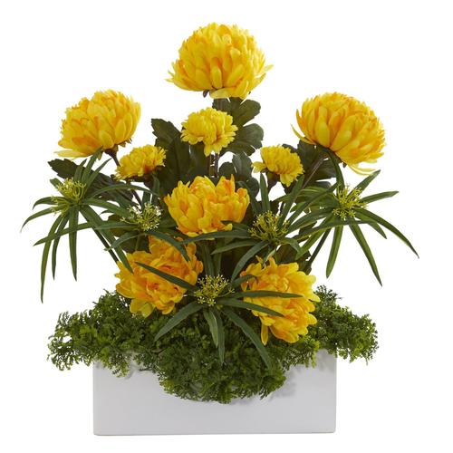 19" Mum and Cyperus Artificial Arrangement in White Vase