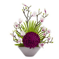 19" Mum, Magnolia and Fan Palm Artificial Arrangement in Vase