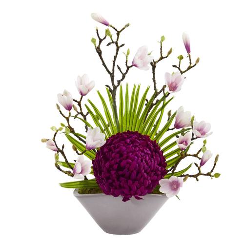 19" Mum, Magnolia and Fan Palm Artificial Arrangement in Vase