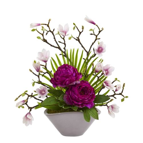 19" Peony, Magnolia and Palm Artificial Arrangement in Vase