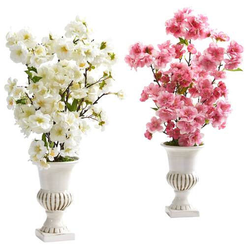 20" Cherry Blossom Artificial Arrangement in White Urn (Set of 2)