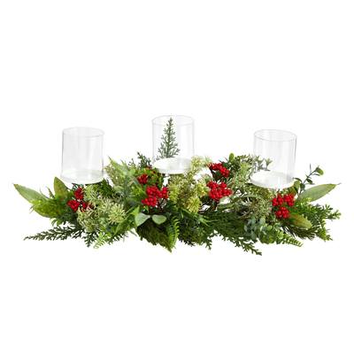 20" Holiday Winter Greenery and Berries Triple Candle Holder Artificial Christmas Table Arrangement