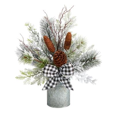 20" Holiday Winter Greenery with Pinecones and Gingham Plaid Bow Table Artificial Christmas Arrangement