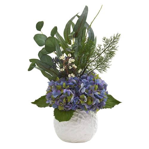 20" Hydrangea and Eucalyptus Artificial Arrangement in White Vase