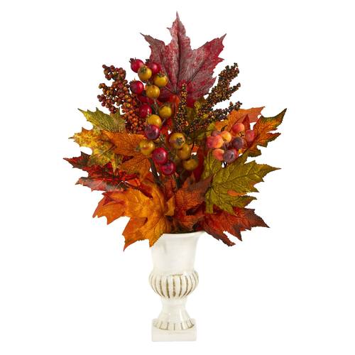 20" Maple Leaf and Berries Artificial Arrangement in White Urn