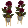 20" Mum and Succulent Artificial Arrangement in Tin Planter with Legs (Set of 2)