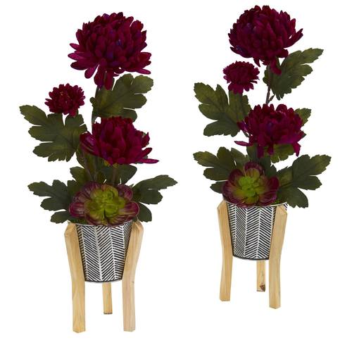 20" Mum and Succulent Artificial Arrangement in Tin Planter with Legs (Set of 2)