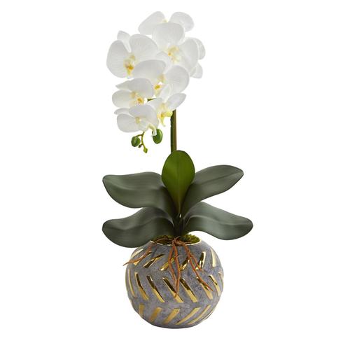 20" Phalaenopsis Orchid Artificial Arrangement in Planter with Gold Trimming