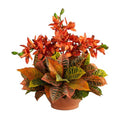 21" Cymbidium Orchid and Croton Artificial Arrangement in Terra Cotta Vase
