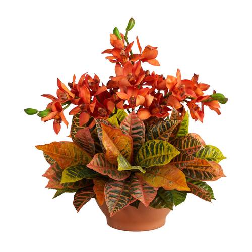 21" Cymbidium Orchid and Croton Artificial Arrangement in Terra Cotta Vase